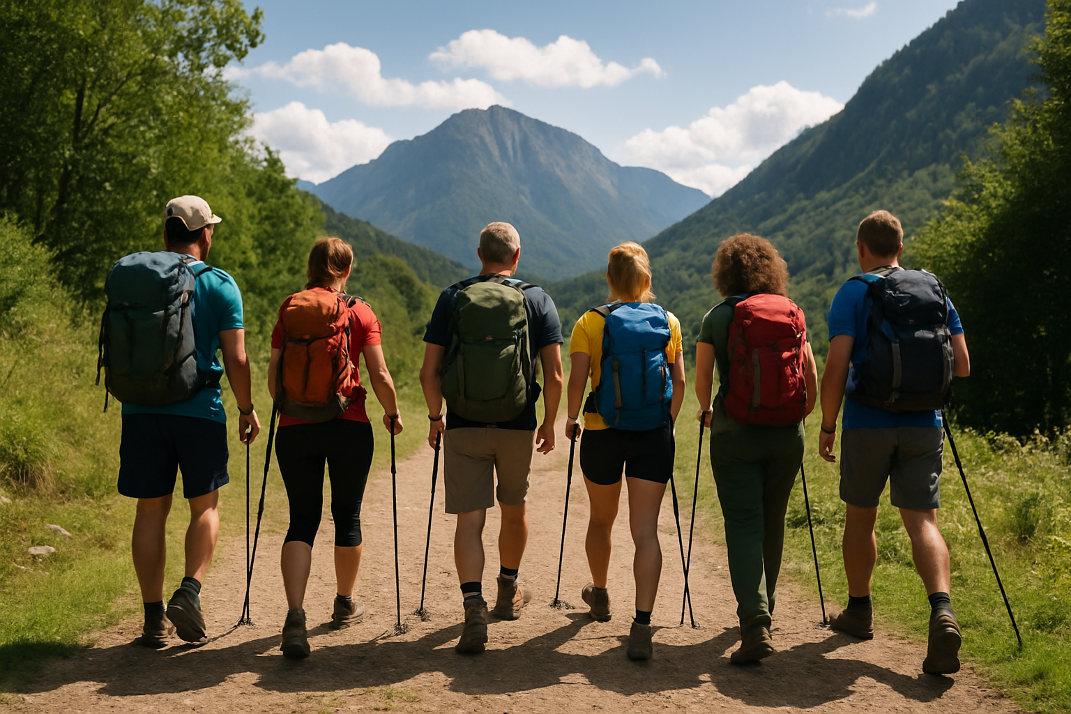 Excursionistas de viajes de incentivo caminando por un sendero