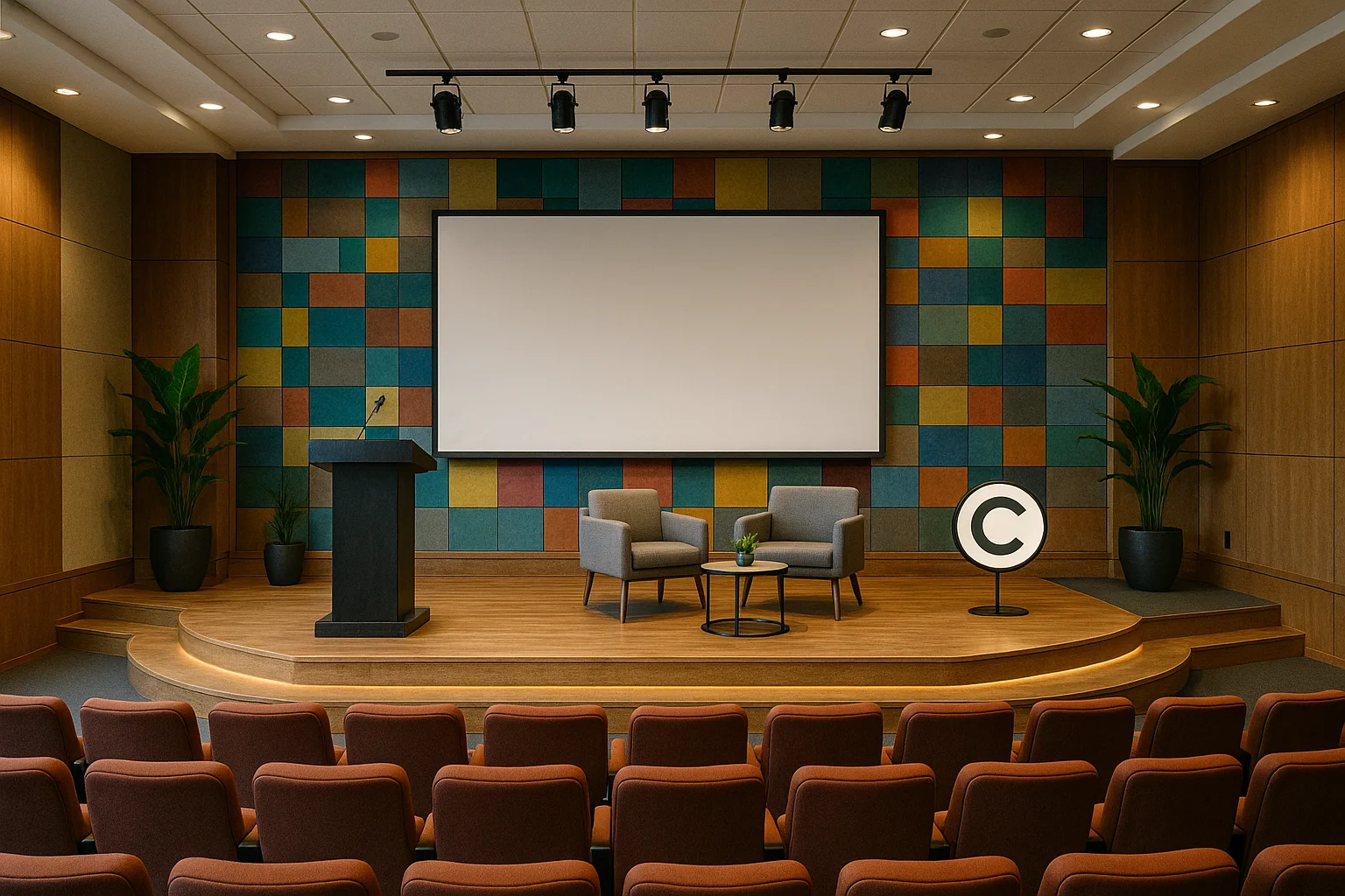 Auditorio moderno para eventos corporativos con escenario colorido, mobiliario elegante y excelente iluminación, ejemplo de diseño de interiores funcional y estético.