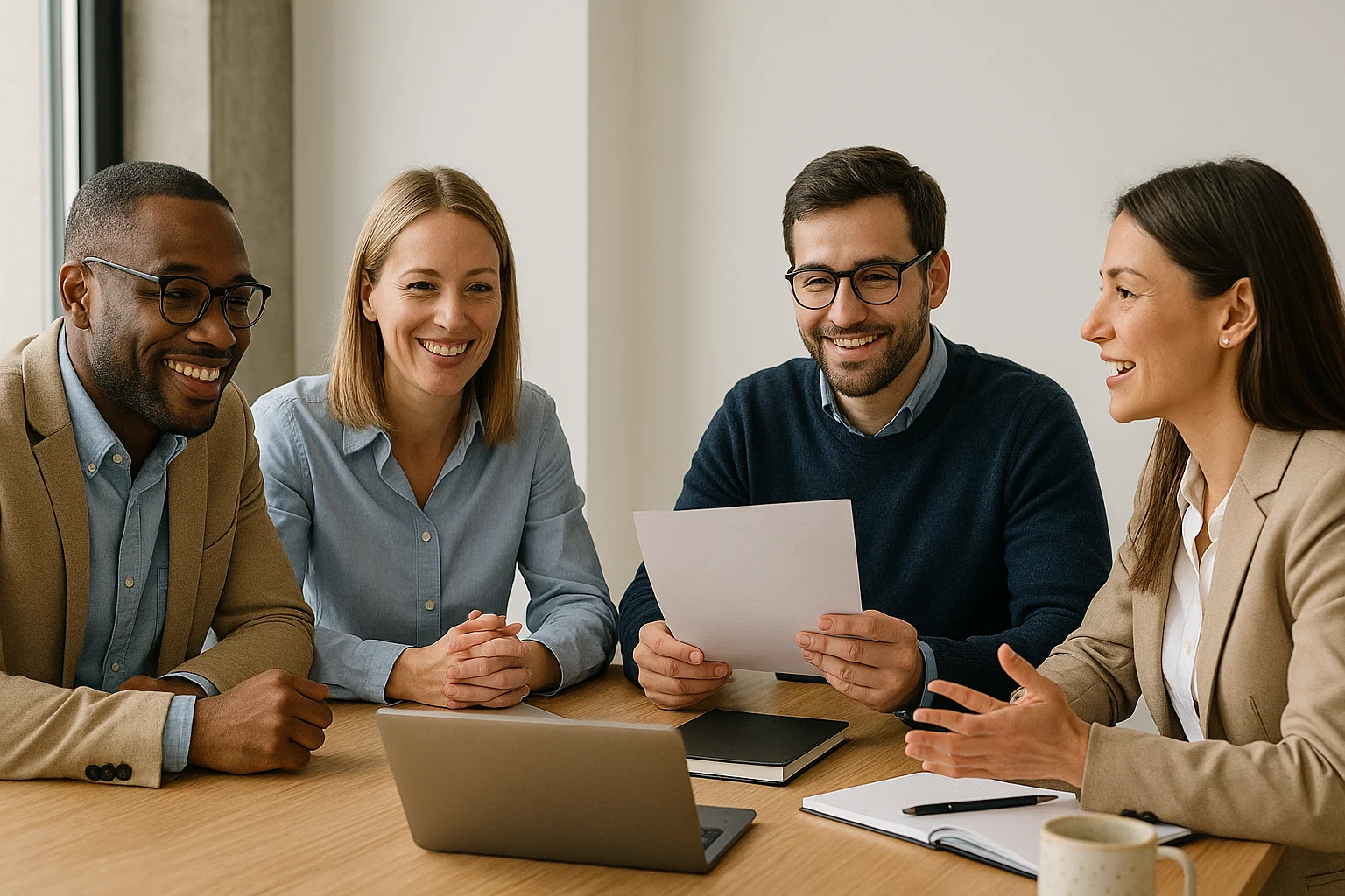 Cuatro profesionales de oficina trabajando en equipo y analizando documentos en una reunión