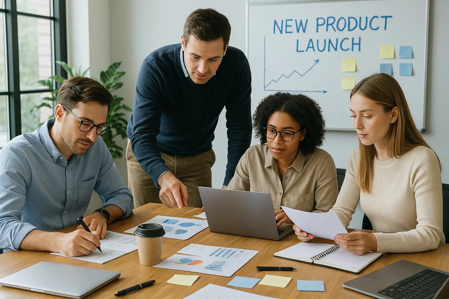 Equipo trabajando para lanzamiento de un producto durante una reunión de estrategia de producto